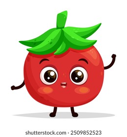 Cartoon character happy red tomato with leaf crown standing and waving hand, excited smiling expression, saying hello, flat vector illustration isolated on white background.