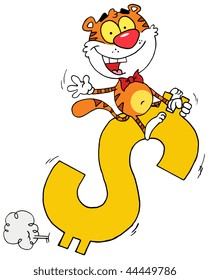 Cartoon Character Happy Riding On A Dollar Symbol