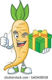 cartoon character of happy salsify with gift box