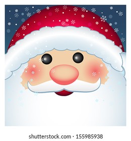 Cartoon character happy Santa Claus with blank banner, Christmas and New Year greeting card, winter background, vector