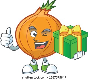 cartoon character of happy shallot with gift box