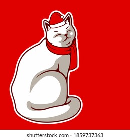 Cartoon Character Of Happy Smiley White Cat Sitting From Side In Red Christmas Hat And Scarf, For Card Or Poster. New Year's and Christmas Vector Illustration - Vector