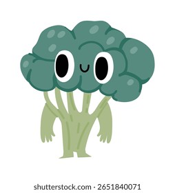 Personagem de desenho animado de um brócolis feliz sorridente de pé com os braços para baixo, olhos grandes e um sorriso, isolado no fundo branco, ideal para comida saudável e estilo de vida vegan promoção