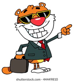 Cartoon Character Happy Tiger Pointing Towards Success