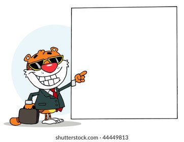 Cartoon Character Happy Tiger Pointing Towards Up A Blank Sign