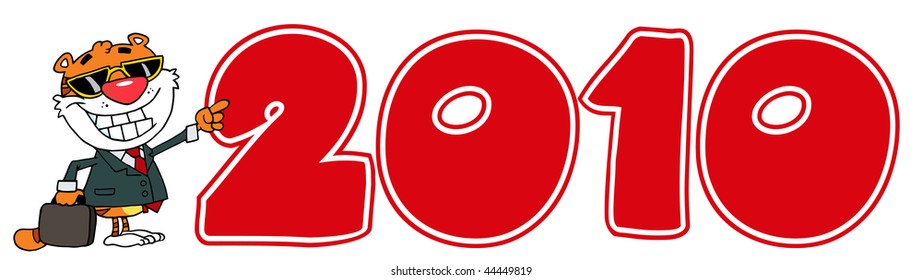 Cartoon Character Happy Tiger Pointing Red 2010 Year