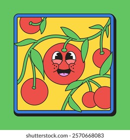 Cartoon character happy tomato framed  surrounded by vines and leaves hand drawn illustration vector