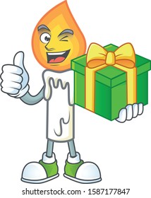 cartoon character of happy white candle with gift box