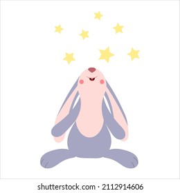 A cartoon character, a hare or a rabbit looks at the top, around the star. Vector isolated on a white background.