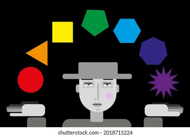 Cartoon character in hat juggle with multicolored geometric shapes on black background.