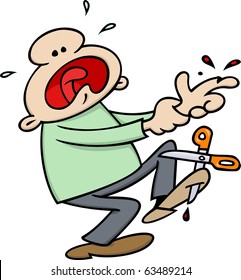 Cartoon character having a double accident - a cut in his finger and the scissors through his foot.