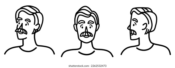 Cartoon character head in different angles. Front view, side view, three quarters. White european man with mustache. Line art. For social media, user avatars, contact icons. Vector illustration