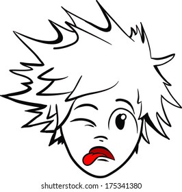 Cartoon character head pulling a disgusted face with tongue sticking out