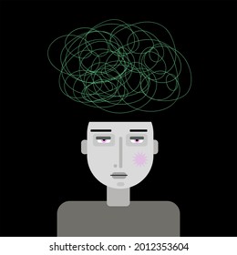 Cartoon character. Head with сonfused thoughts as green tangled line. Creative thinking and brain activity concept. 