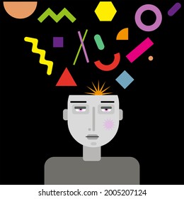 Cartoon character. Head with thoughts as multicolored geometric shapes. Creative thinking and brain activity concept. 