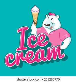 Cartoon character with headline. The polar bear selling ice cream.  