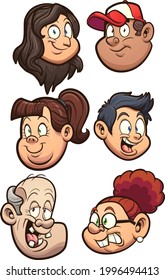 Cartoon character heads of different ages and expressions. Vector clip art illustration with simple gradients. Each on a separate layer.
