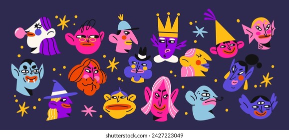 Cartoon character heads with different emotions. Abstract comics, people's faces, avatars. Halloween magical characters, sorcerers, witches. Vector groovy hippie retro stickers set