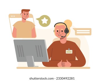 Caricatura con llamadas de respuesta de auriculares, comunicarse en mensajero, recopilar reseñas y calificaciones. Asistencia en línea, servicio de asistencia. Mujer hablando con hombres en línea. Ilustración vectorial plana
