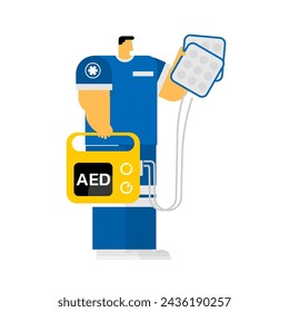 The cartoon character of  a healthcare with AED on isolated background.