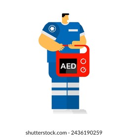 The cartoon character of  a healthcare with AED on isolated background.