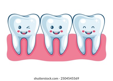 Cartoon character of healthy and clean teeth and gums. Prevention, diagnosis and treatment of tooth and gum diseases. Dental hygiene and oral care. Tooth decay prevention. Health and medicine concept