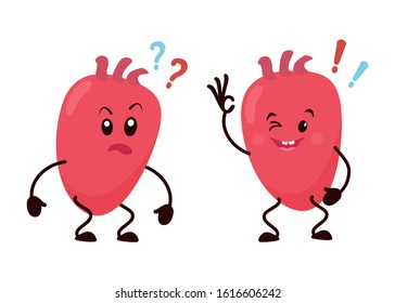 Cartoon character of heart. A cute human internal organ with a question mark and an idea. Vector illustration