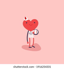 Cartoon character heart holding ball. Funny boy in cap. Illustration for a card, banner, poster, postcard.