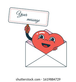 Cartoon character heart with a letter and message. Design for valentines day, greeting card, banner, invitation. Vector illustration in flat style.