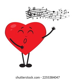 Cartoon character heart sings a song, vector isolated illustration