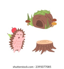 Cartoon Character Hedgehog and Burrow Concept Element Flat Design Style. Vector illustration of Mascot