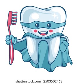 Cartoon character of a hero superhero tooth with a cape holding a toothbrush. Prevention, diagnosis and treatment of tooth and gum diseases. Dental hygiene and oral care. Tooth decay prevention