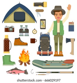 Cartoon character of hiker with backpack and accessories of hiking, fishing  and camping. Flat vector illustration
