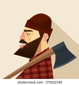 cartoon character holding the axe, lumberjack label badge, simple iilustration, man, profile view 