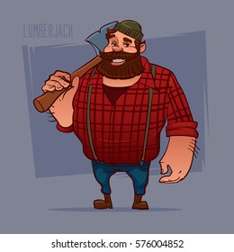 cartoon character holding the axe, lumberjack label badge, simple  vector iilustration, man