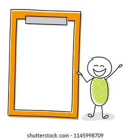 Cartoon character holding clipboard with copyspace. Vector.