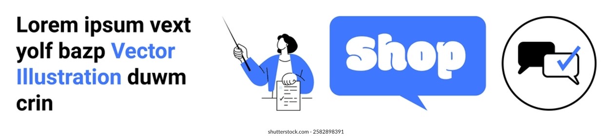 Cartoon character holding document and pointing, blue speech bubble with Shop text, black speech bubble with check mark. Ideal for online shopping, business, customer service, e-commerce