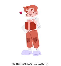 Cartoon Character Holding Gift Box. Smiling cartoon boy with freckles holding a red gift box with a pink ribbon. Flat pastel illustration, isolated on white background.

