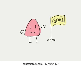 Cartoon character holding the goal flag. Success and achievement concept. Happy doodle figure showing confidence and happiness after achieving the goal on a white background. Business and finance