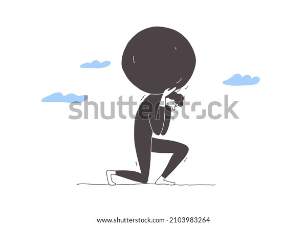 Cartoon character holding huge stone on\
shoulders. Sad man carrying heavy rock. Unhappy tired person with\
boulder above head. Duty concept, big difficult, burden. Debt,\
problem vector\
illustration
