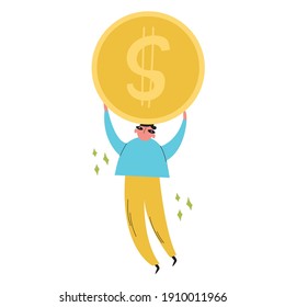 Cartoon character is holding a large gold coin. Charity work, color vector hand-drawn illustration. Support for funds. Flat style. All graphic elements are isolated on a white background.