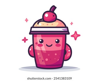 Cartoon character is holding a pink cup with a cherry on top. The cup is smiling and he is happy