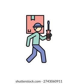 A cartoon character holding a tool and a square object