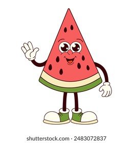 A cartoon character is holding up a watermelon slice