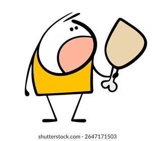 O personagem do desenho animado segura um osso de animal e abre a boca. Ilustração vetorial de stickman mordendo e comendo. O homem faminto adora carne e comida.