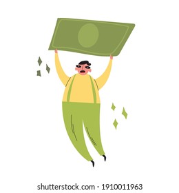 Cartoon character holds a large green bill in his hands. Charity work, color vector hand-drawn illustration. Support for funds. Flat style. All graphic elements are isolated on a white background.