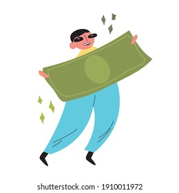 Cartoon character holds a large green bill in his hands. Charity work, color vector hand-drawn illustration. Support for funds. Flat style. All graphic elements are isolated on a white background.