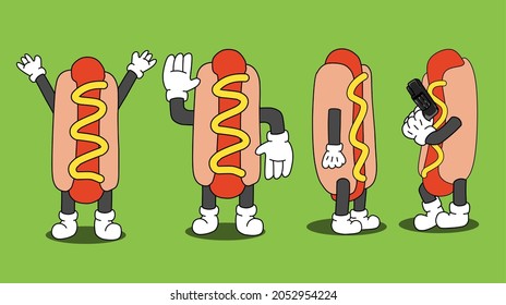 cartoon character hot dog illustration set of various styles. suitable for stickers, cafe wall decorations and so on