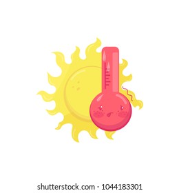 Cartoon character of hot sweating thermometer, yellow sun behind him. Colorful flat vector element for mobile meteorology app or social network sticker