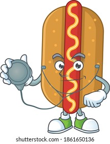 Cartoon character of hotdog dedicated Doctor Work with stethoscope. Vector illustration